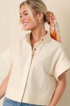Women's Pretty In Power Natural Cotton Linen Button-Front Mock Neck Top | 80% Cotton & 20% Linen 1