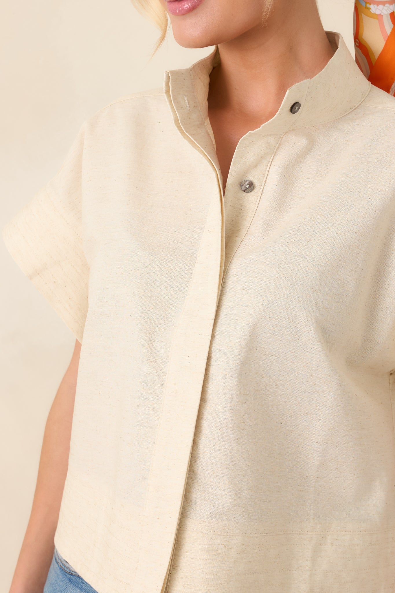 Women's Pretty In Power Natural Cotton Linen Button-Front Mock Neck Top | 80% Cotton & 20% Linen 2
