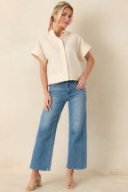 Women's Pretty In Power Natural Cotton Linen Button-Front Mock Neck Top | 80% Cotton & 20% Linen 3