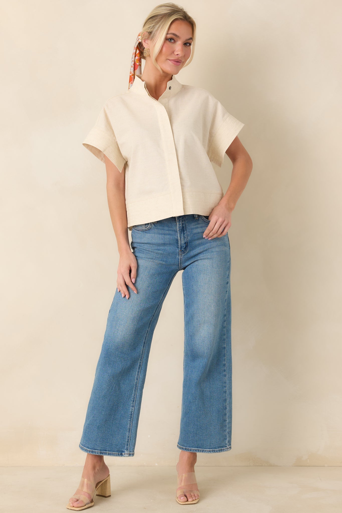 Women's Pretty In Power Natural Cotton Linen Button-Front Mock Neck Top | 80% Cotton & 20% Linen 3
