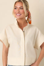 Women's Pretty In Power Natural Cotton Linen Button-Front Mock Neck Top | 80% Cotton & 20% Linen 4