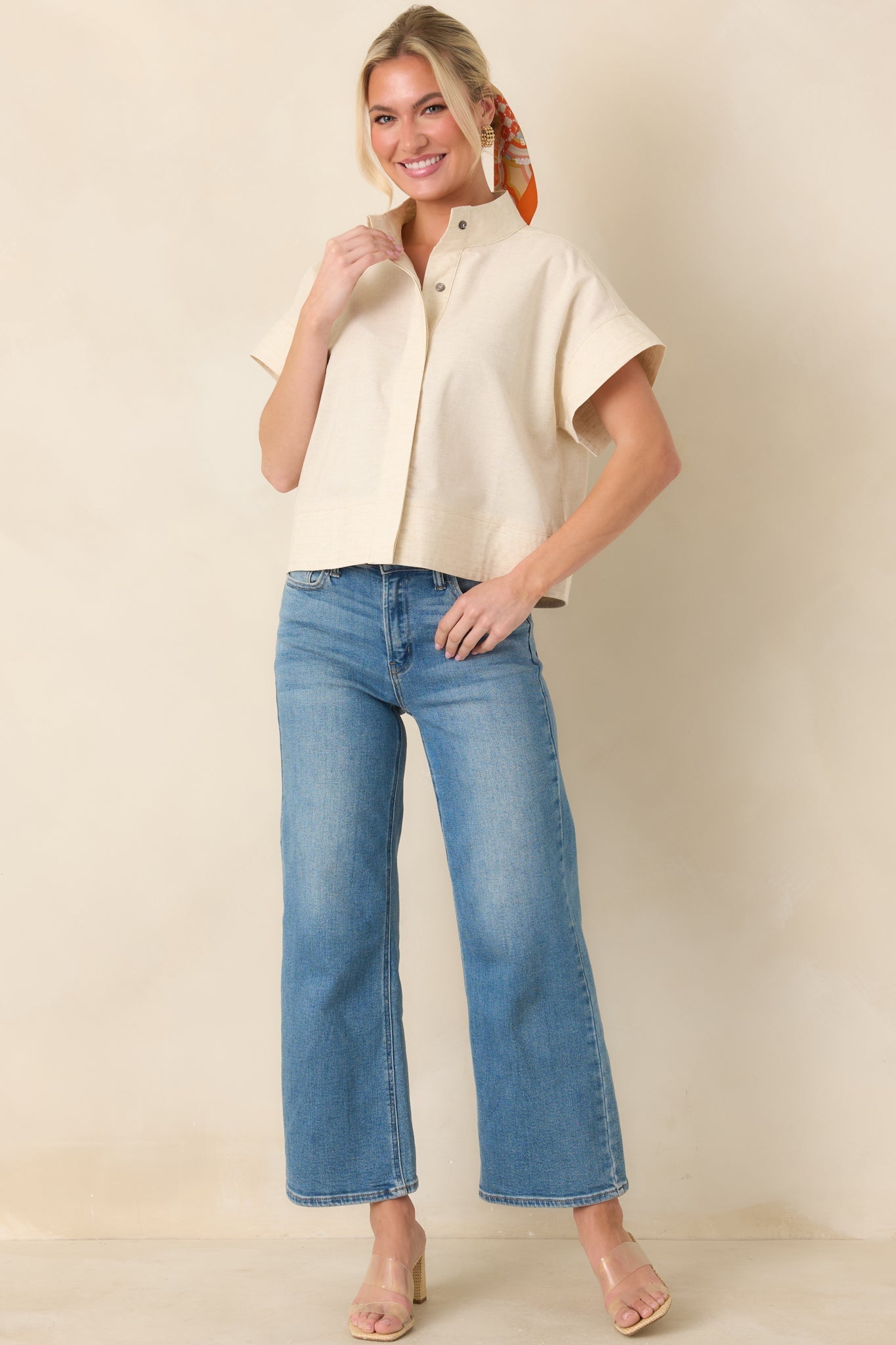 Women's Pretty In Power Natural Cotton Linen Button-Front Mock Neck Top | 80% Cotton & 20% Linen 5