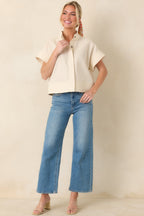Women's Pretty In Power Natural Cotton Linen Button-Front Mock Neck Top | 80% Cotton & 20% Linen 6