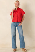 Women's Pretty In Power Red Cotton Linen Button-Front Mock Neck Top | 80% Cotton & 20% Linen 0