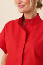 Women's Pretty In Power Red Cotton Linen Button-Front Mock Neck Top | 80% Cotton & 20% Linen 1