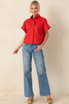 Women's Pretty In Power Red Cotton Linen Button-Front Mock Neck Top | 80% Cotton & 20% Linen 3