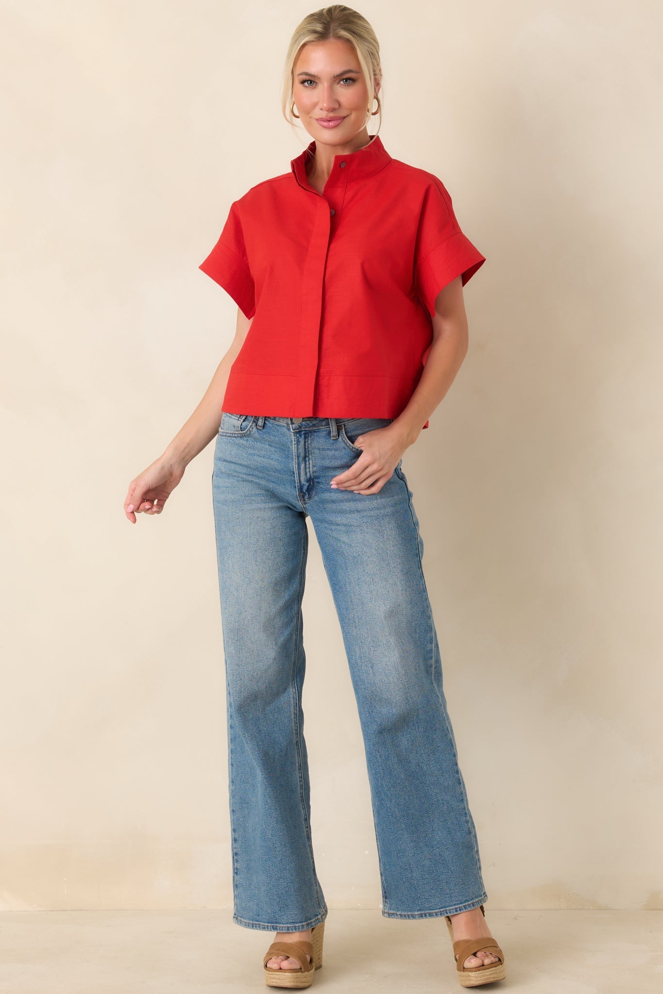 Women's Pretty In Power Red Cotton Linen Button-Front Mock Neck Top | 80% Cotton & 20% Linen 3