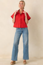 Women's Pretty In Power Red Cotton Linen Button-Front Mock Neck Top | 80% Cotton & 20% Linen 4