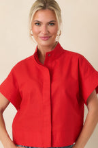 Women's Pretty In Power Red Cotton Linen Button-Front Mock Neck Top | 80% Cotton & 20% Linen 5