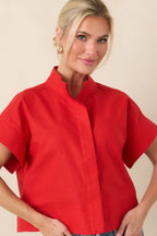 Women's Pretty In Power Red Cotton Linen Button-Front Mock Neck Top | 80% Cotton & 20% Linen 6