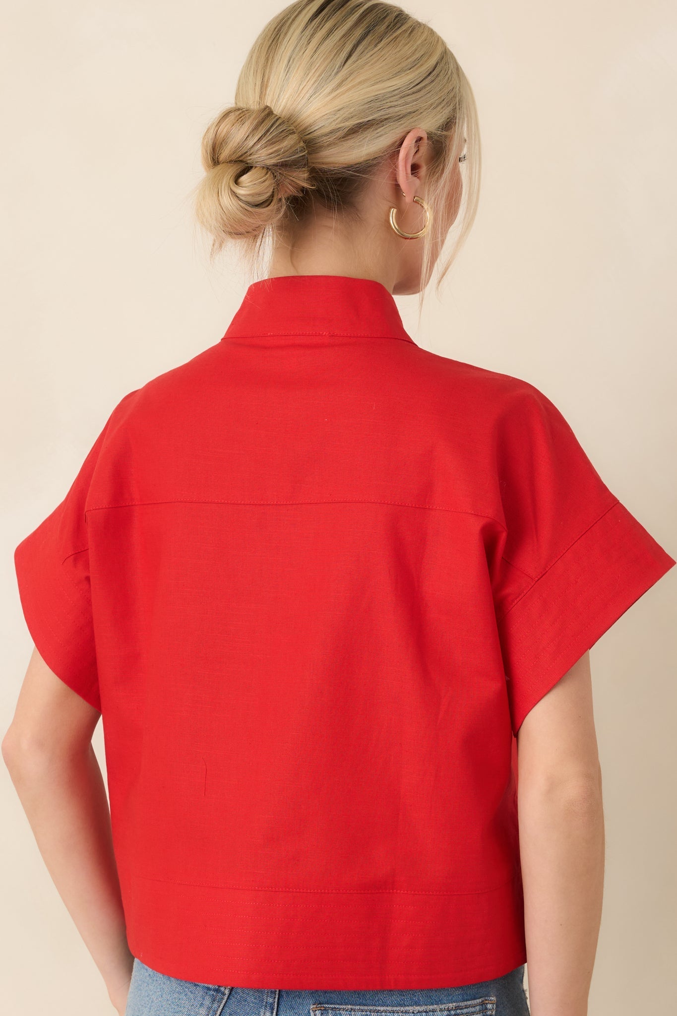 Women's Pretty In Power Red Cotton Linen Button-Front Mock Neck Top | 80% Cotton & 20% Linen 7