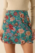 Women's Pretty Please Teal Green Floral Print Mini Skirt | 80% Polyester & 20% Cotton 0