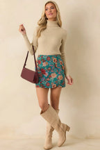Women's Pretty Please Teal Green Floral Print Mini Skirt | 80% Polyester & 20% Cotton 1