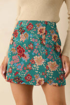 Women's Pretty Please Teal Green Floral Print Mini Skirt | 80% Polyester & 20% Cotton 7