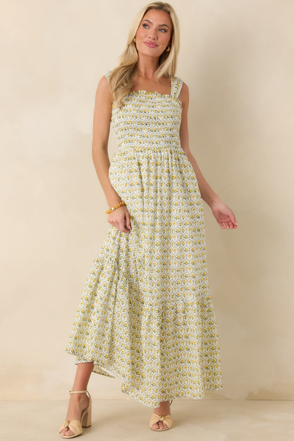 Women's Pretty Unbothered Yellow Multi Floral Cotton Tiered Maxi Dress | 100% Cotton 0