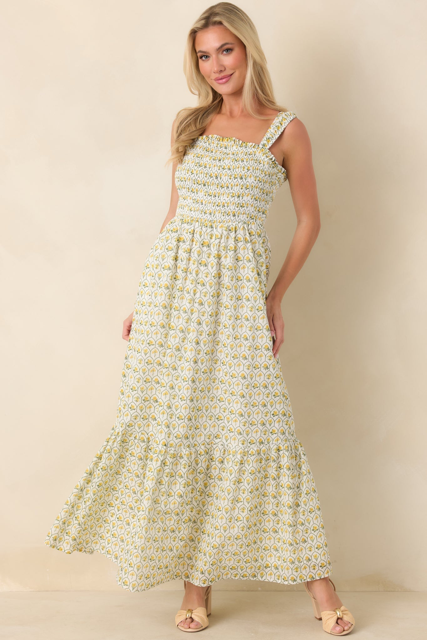Women's Pretty Unbothered Yellow Multi Floral Cotton Tiered Maxi Dress | 100% Cotton 2