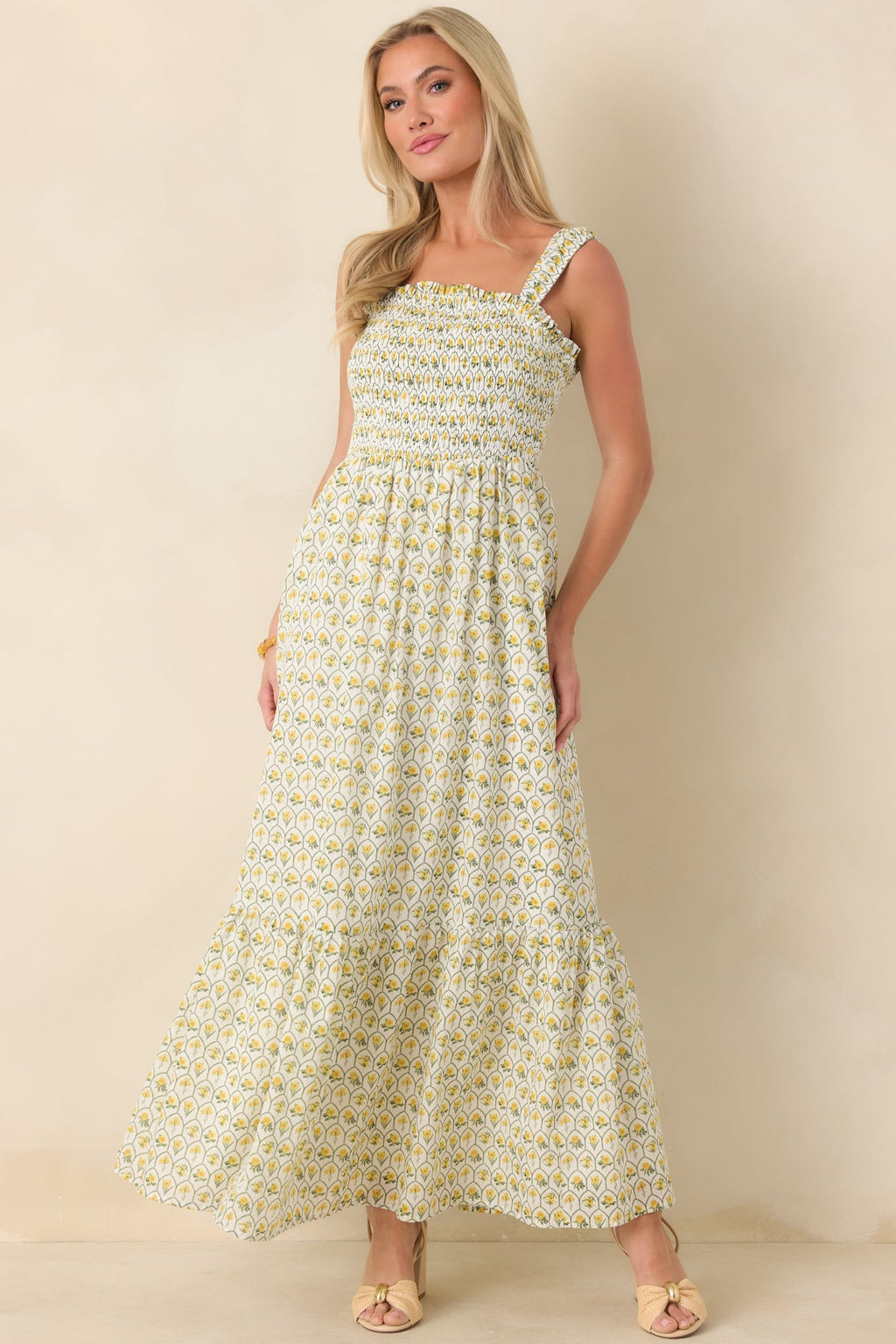 Women's Pretty Unbothered Yellow Multi Floral Cotton Tiered Maxi Dress | 100% Cotton 3