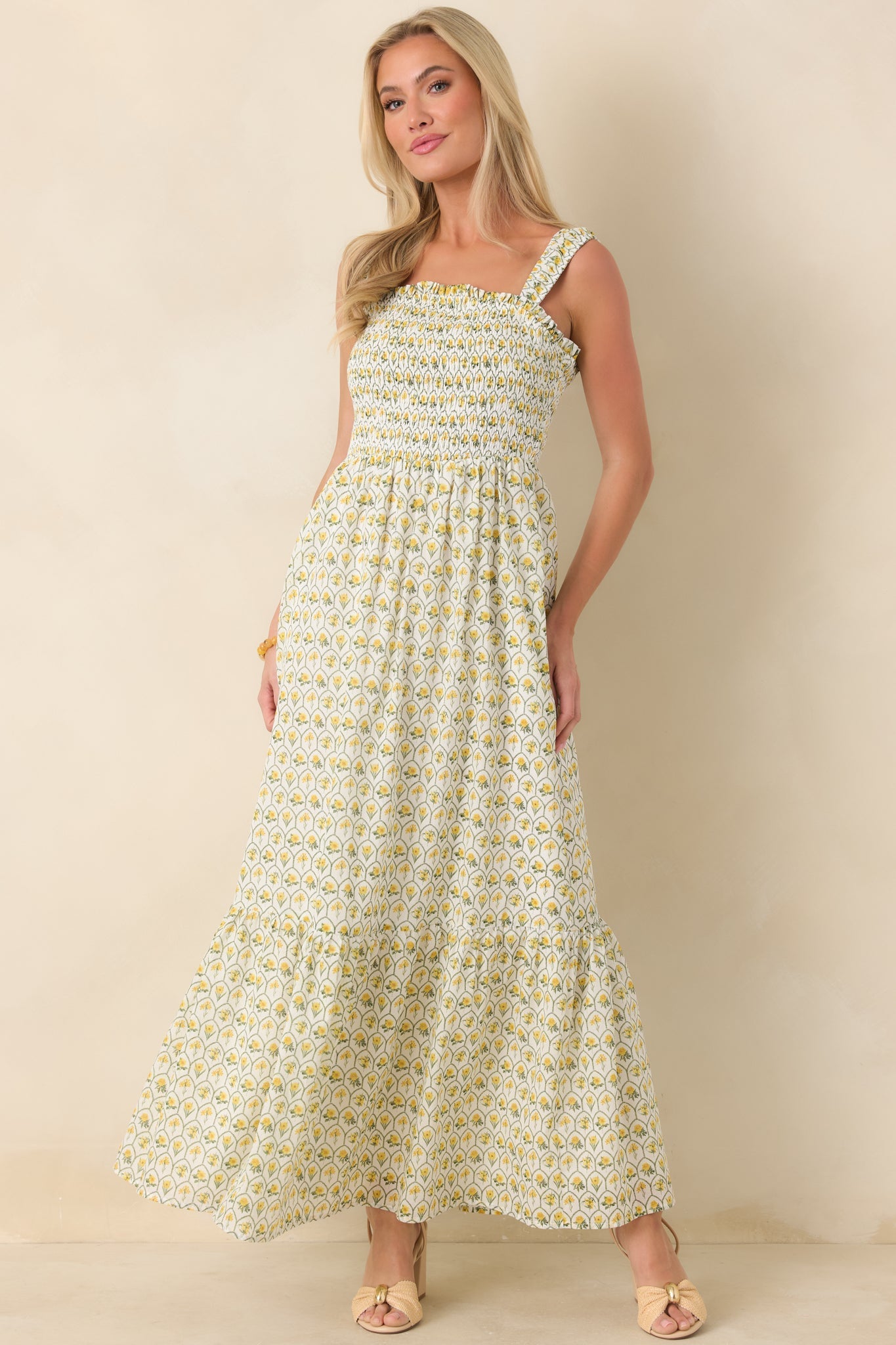 Women's Pretty Unbothered Yellow Multi Floral Cotton Tiered Maxi Dress | 100% Cotton 3