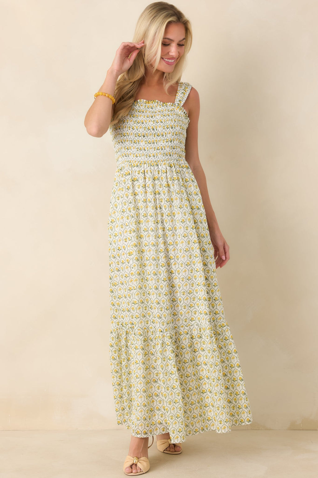 Women's Pretty Unbothered Yellow Multi Floral Cotton Tiered Maxi Dress | 100% Cotton 4