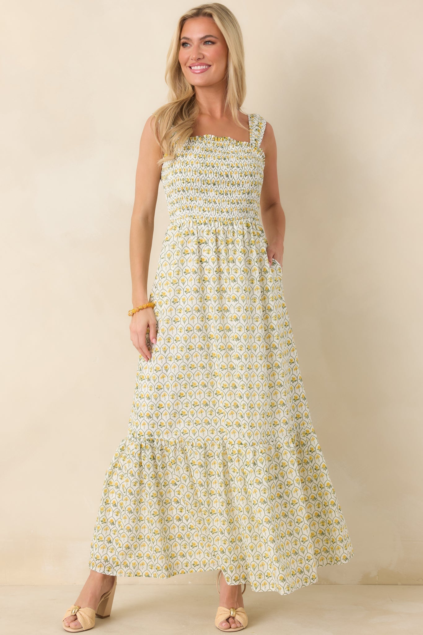Women's Pretty Unbothered Yellow Multi Floral Cotton Tiered Maxi Dress | 100% Cotton 5