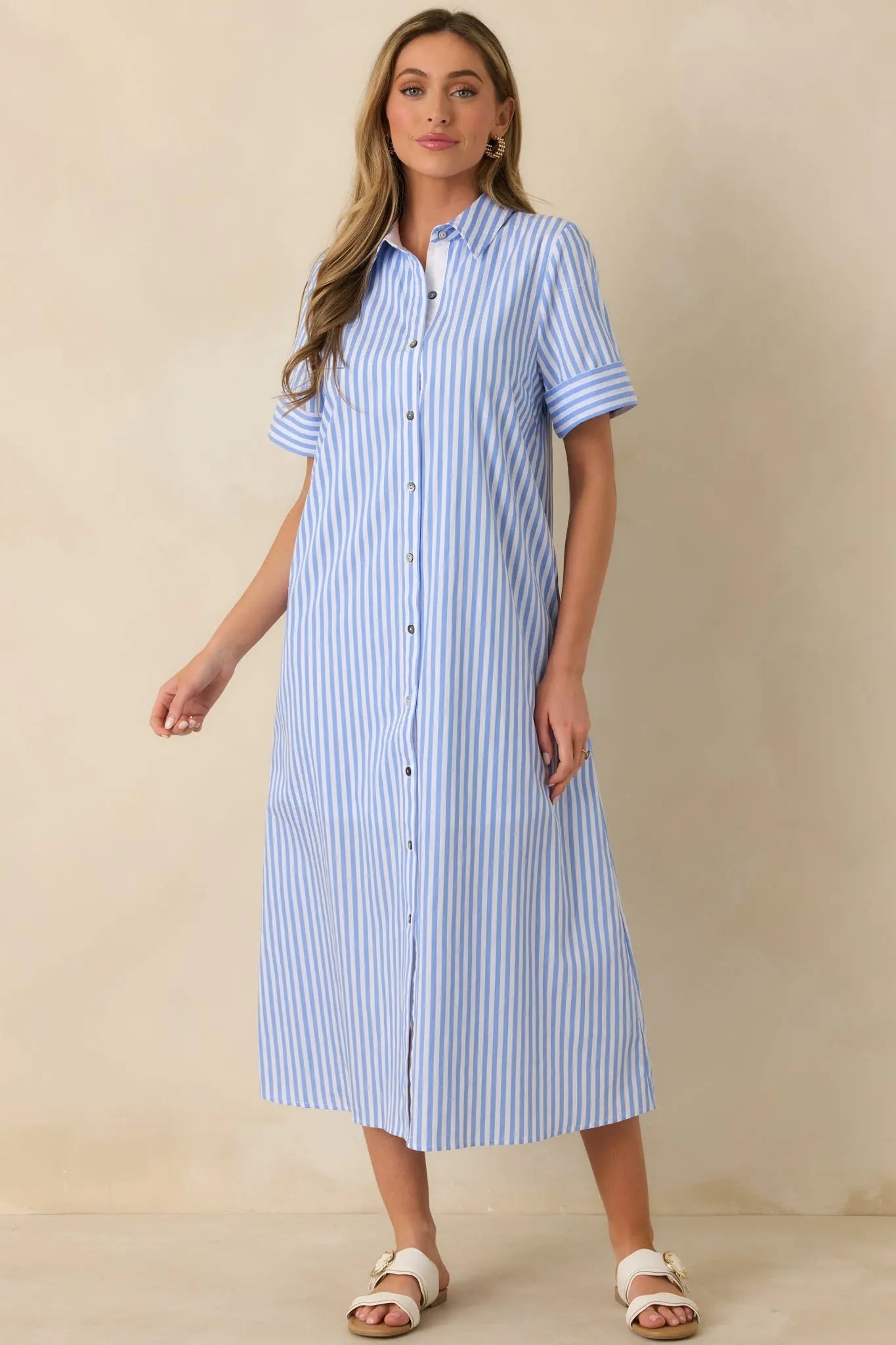 Women's Pretty in Pinstripes Blue Cotton Stripe Button Front Maxi Shirt Dress | 100% Cotton 2