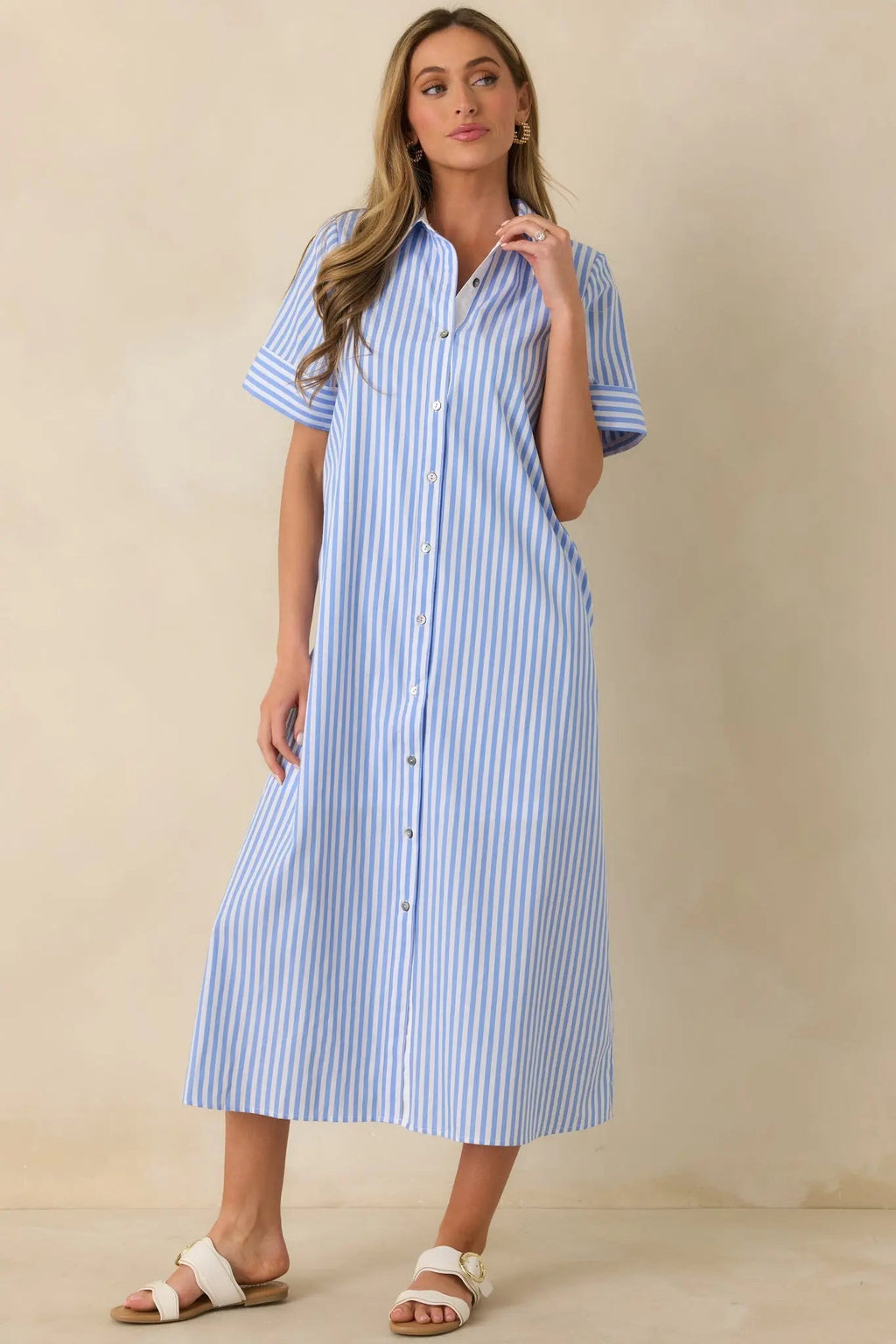Women's Pretty in Pinstripes Blue Cotton Stripe Button Front Maxi Shirt Dress | 100% Cotton 3