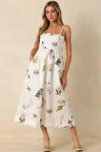 Women's Promise in Bloom White Multi Floral Cotton Tie-Back Scalloped Midi Dress | 100% Cotton 0