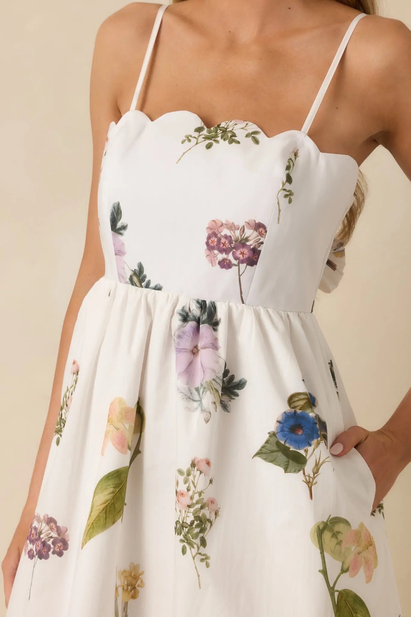 Women's Promise in Bloom White Multi Floral Cotton Tie-Back Scalloped Midi Dress | 100% Cotton 1