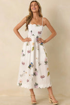 Women's Promise in Bloom White Multi Floral Cotton Tie-Back Scalloped Midi Dress | 100% Cotton 2