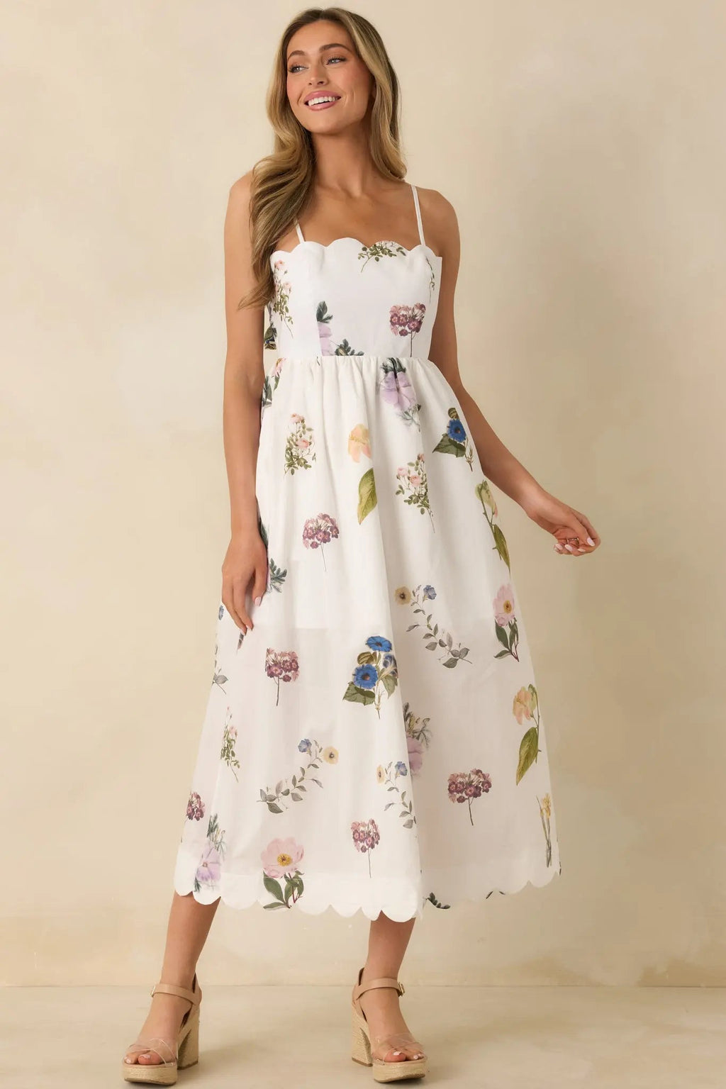 Women's Promise in Bloom White Multi Floral Cotton Tie-Back Scalloped Midi Dress | 100% Cotton 3