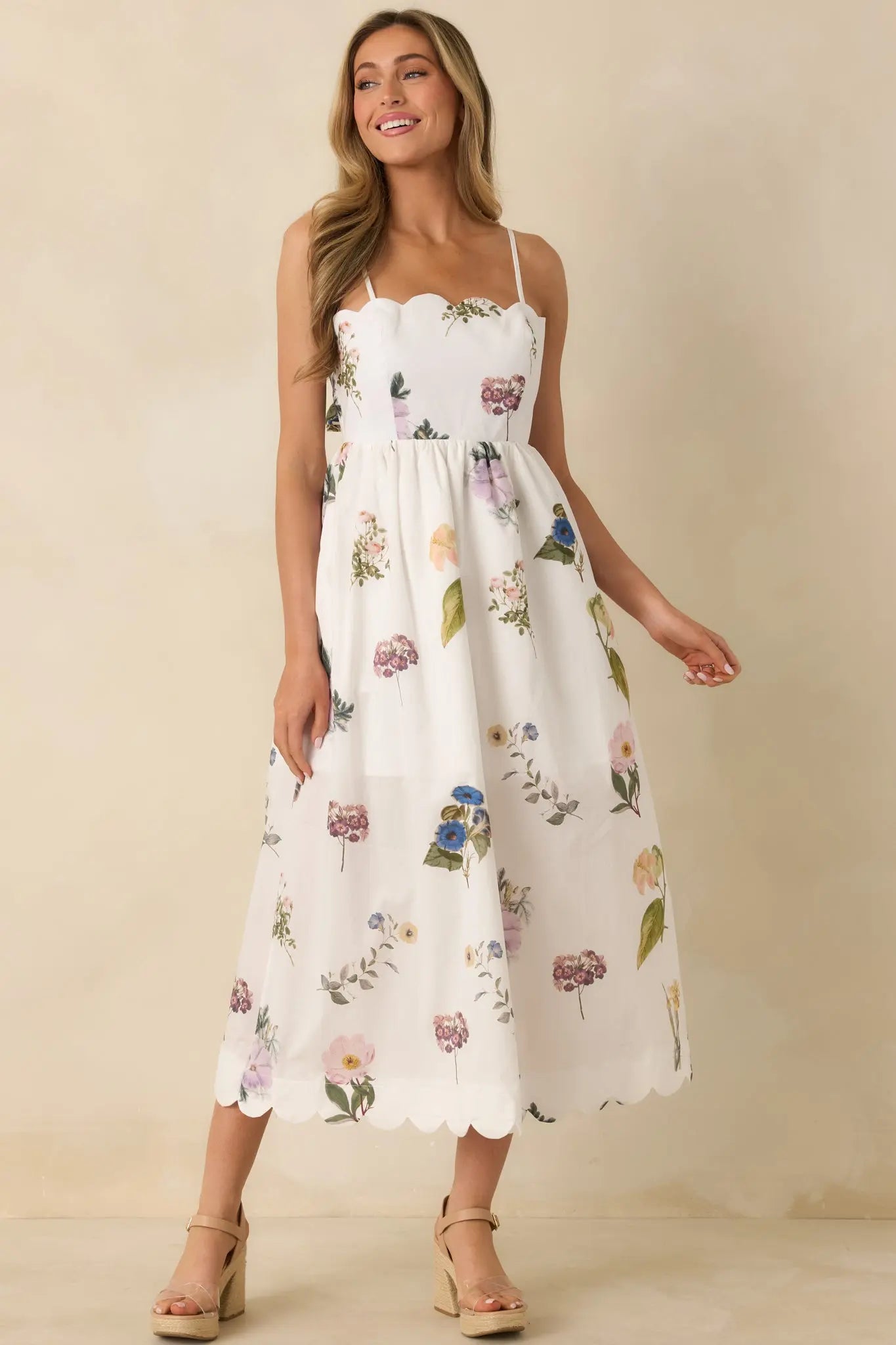 Women's Promise in Bloom White Multi Floral Cotton Tie-Back Scalloped Midi Dress | 100% Cotton 3