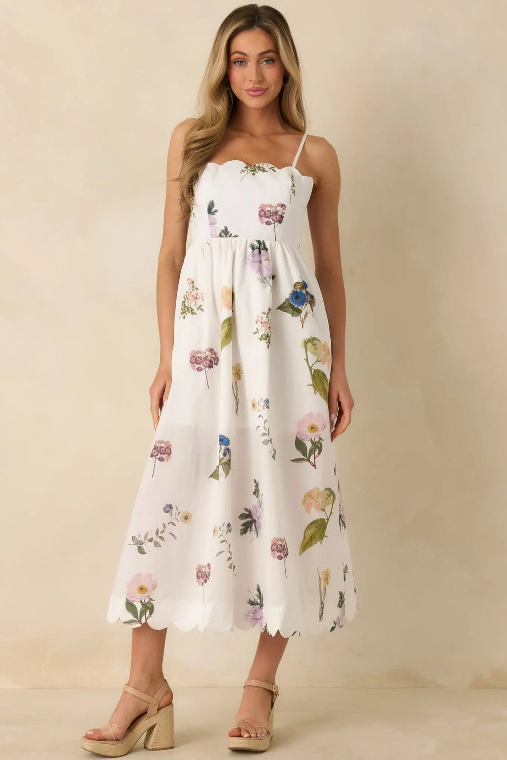 Women's Promise in Bloom White Multi Floral Cotton Tie-Back Scalloped Midi Dress | 100% Cotton 4