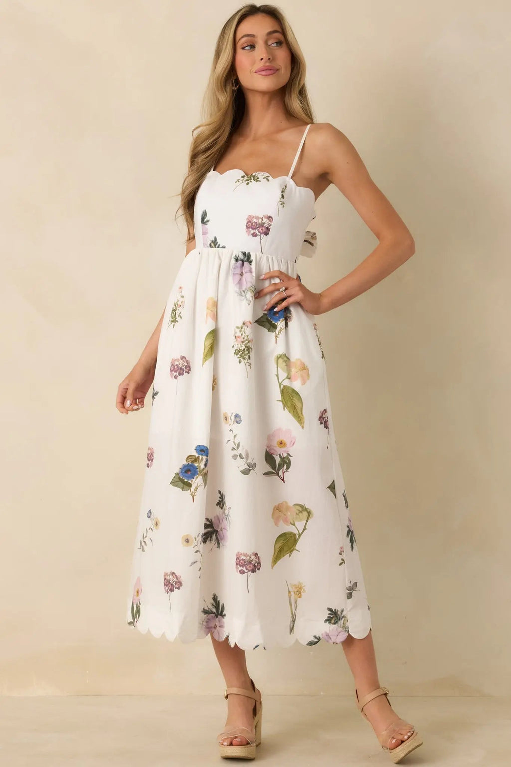 Women's Promise in Bloom White Multi Floral Cotton Tie-Back Scalloped Midi Dress | 100% Cotton 5