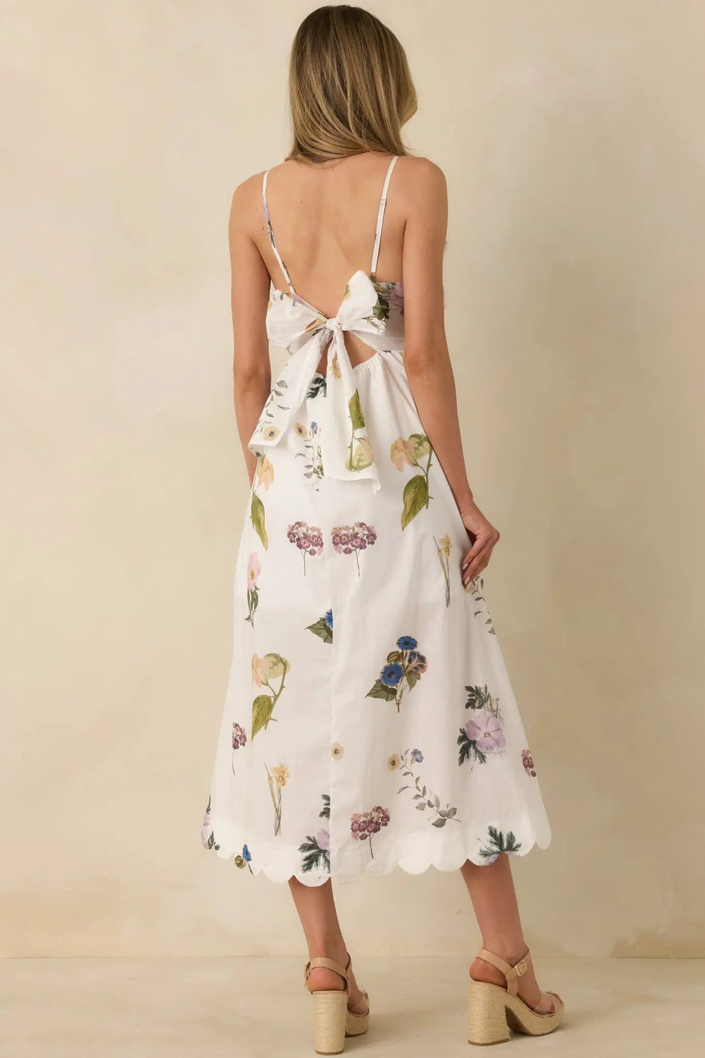 Women's Promise in Bloom White Multi Floral Cotton Tie-Back Scalloped Midi Dress | 100% Cotton 6