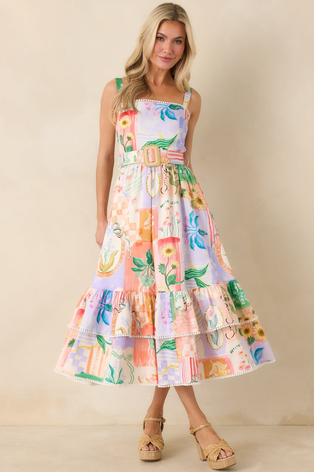 Women's Prosperina Cassandra Peach Multi Floral Cotton Midi Dress | 98% Cotton & 2% Spandex 0