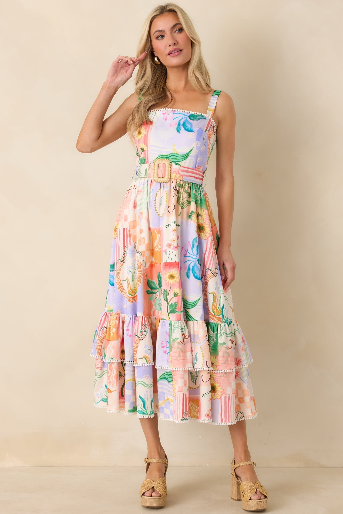 Women's Prosperina Cassandra Peach Multi Floral Cotton Midi Dress | 98% Cotton & 2% Spandex 1