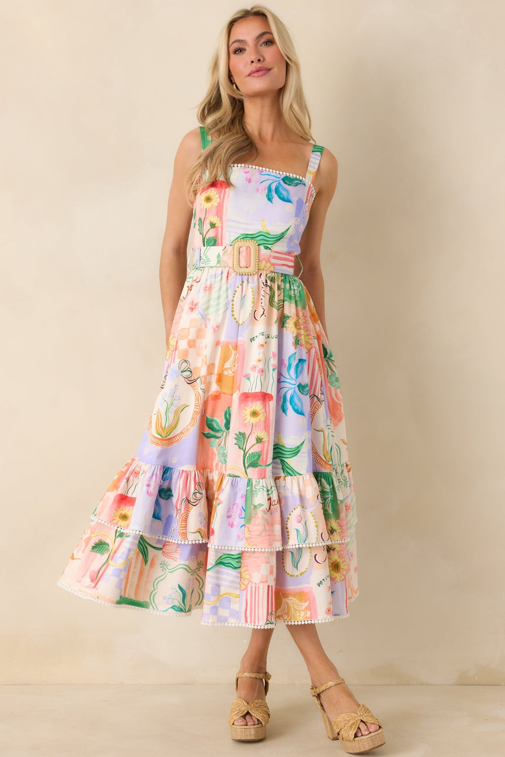 Women's Prosperina Cassandra Peach Multi Floral Cotton Midi Dress | 98% Cotton & 2% Spandex 3