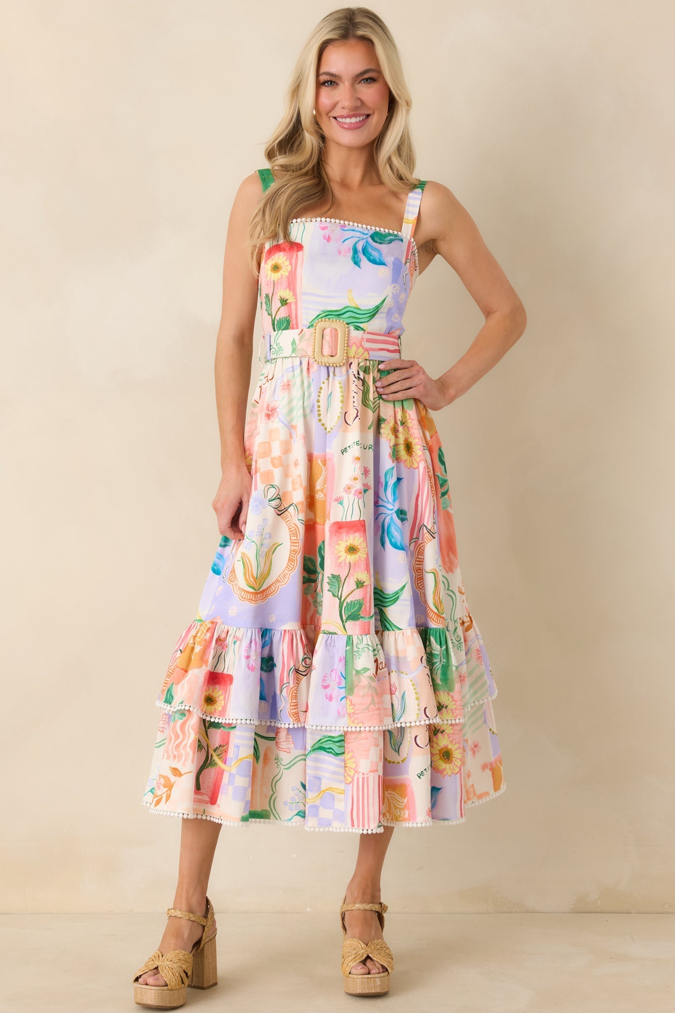 Women's Prosperina Cassandra Peach Multi Floral Cotton Midi Dress | 98% Cotton & 2% Spandex 4