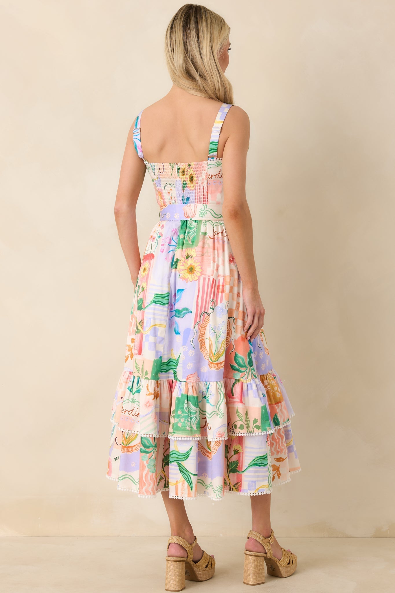 Women's Prosperina Cassandra Peach Multi Floral Cotton Midi Dress | 98% Cotton & 2% Spandex 5