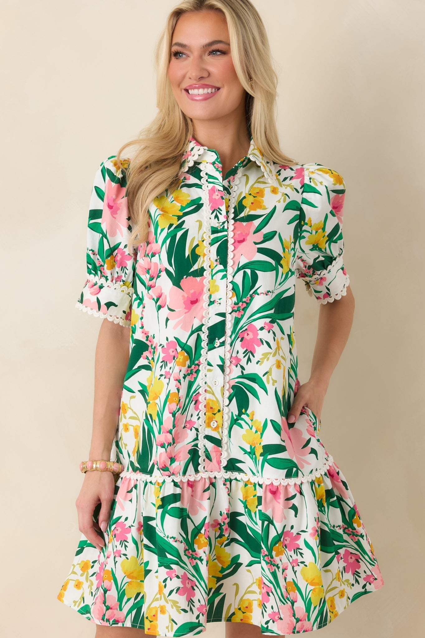 Women's Prosperina Rayne Green & Pink Multi Floral Cotton Mini Dress | 100% Cotton 5