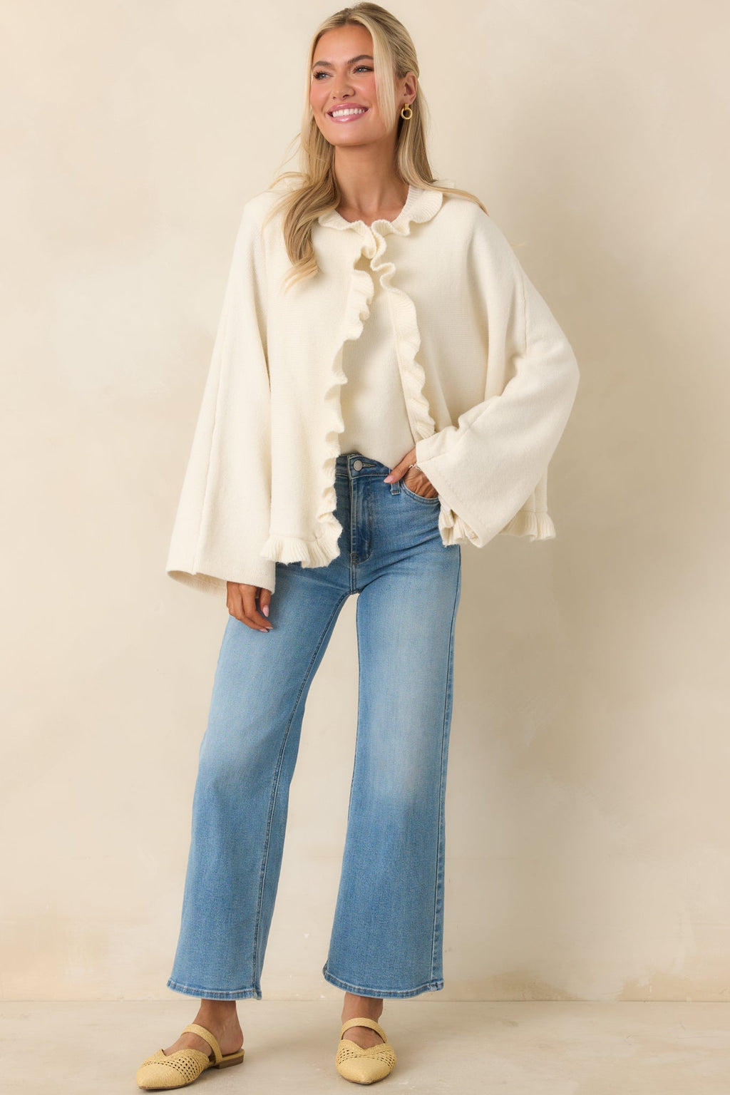 Women's Prosperina Sabrina Ivory Ruffle Cardigan | 65% Polyester 5