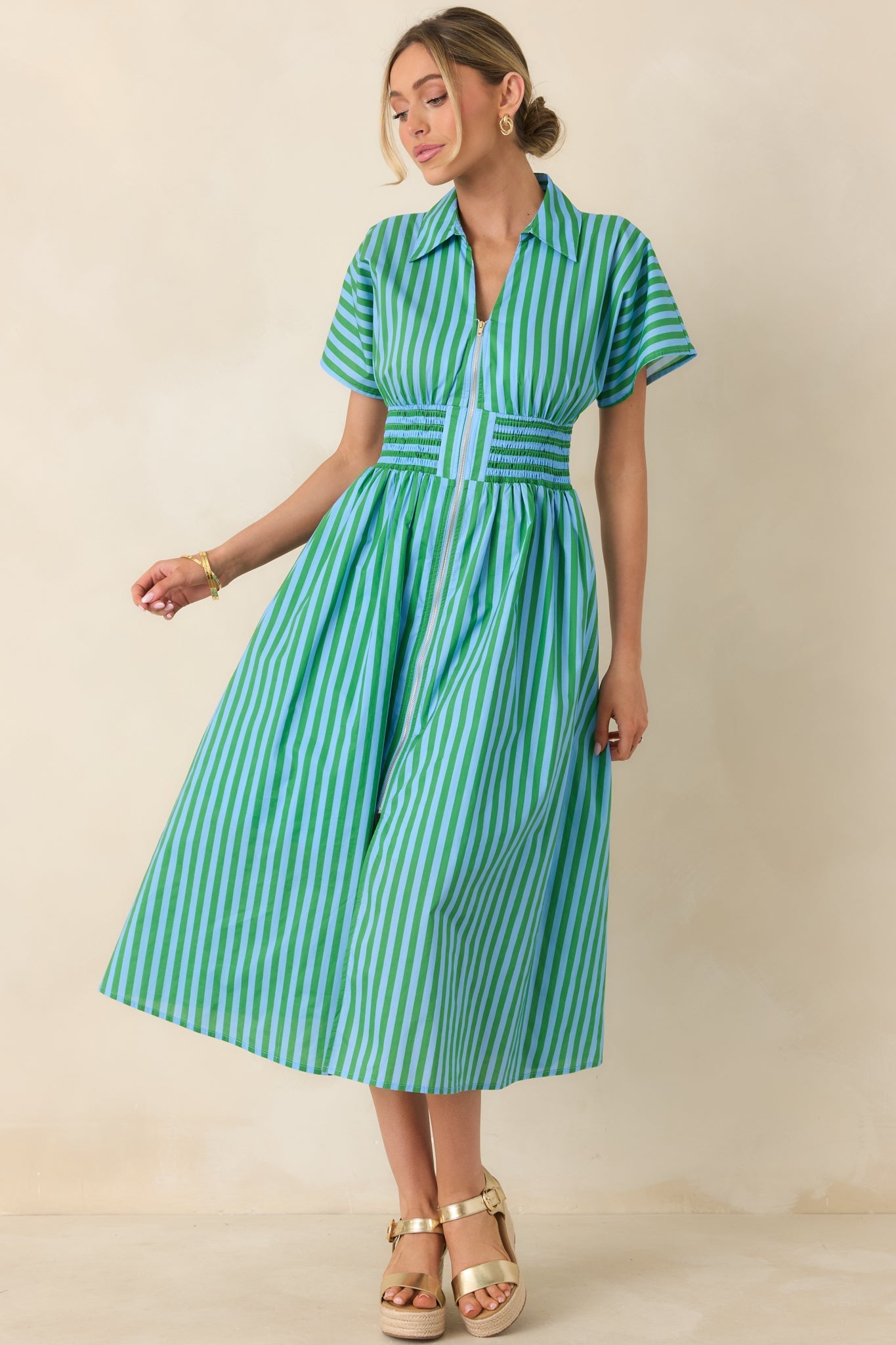 Women's Put It in Motion Light Blue & Green Stripe Cotton Midi Dress | 100% Cotton 2