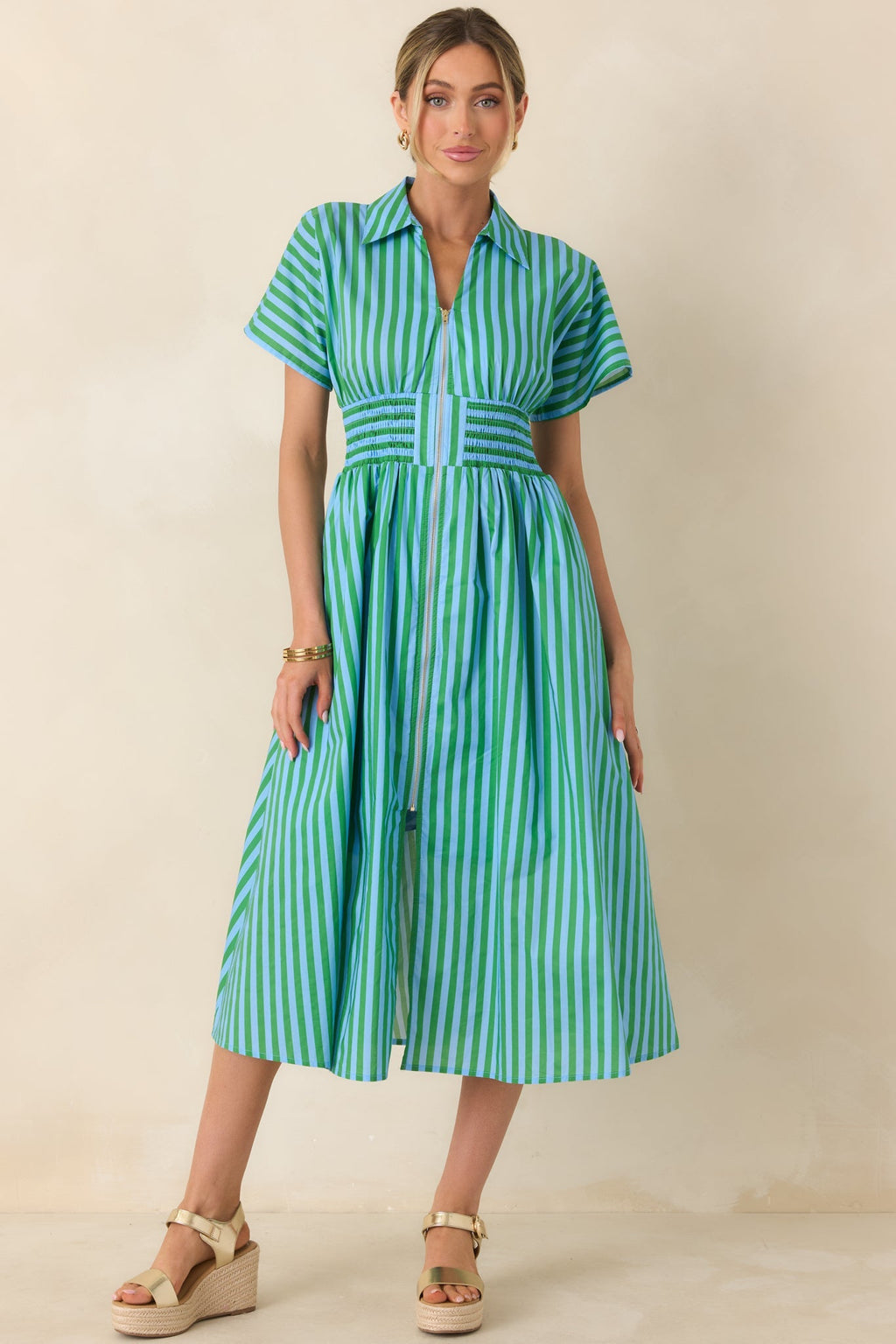 Women's Put It in Motion Light Blue & Green Stripe Cotton Midi Dress | 100% Cotton 3