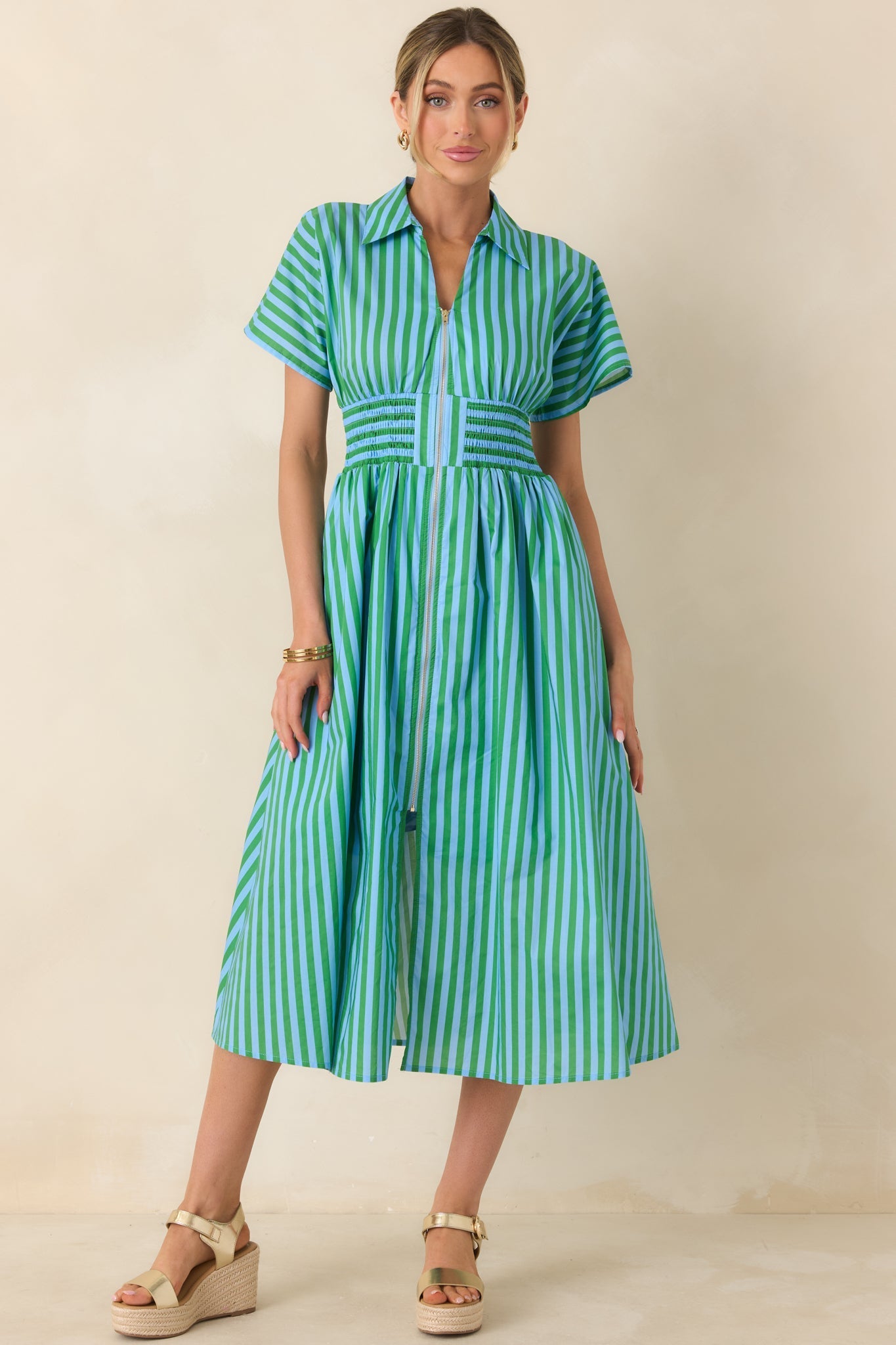 Women's Put It in Motion Light Blue & Green Stripe Cotton Midi Dress | 100% Cotton 3