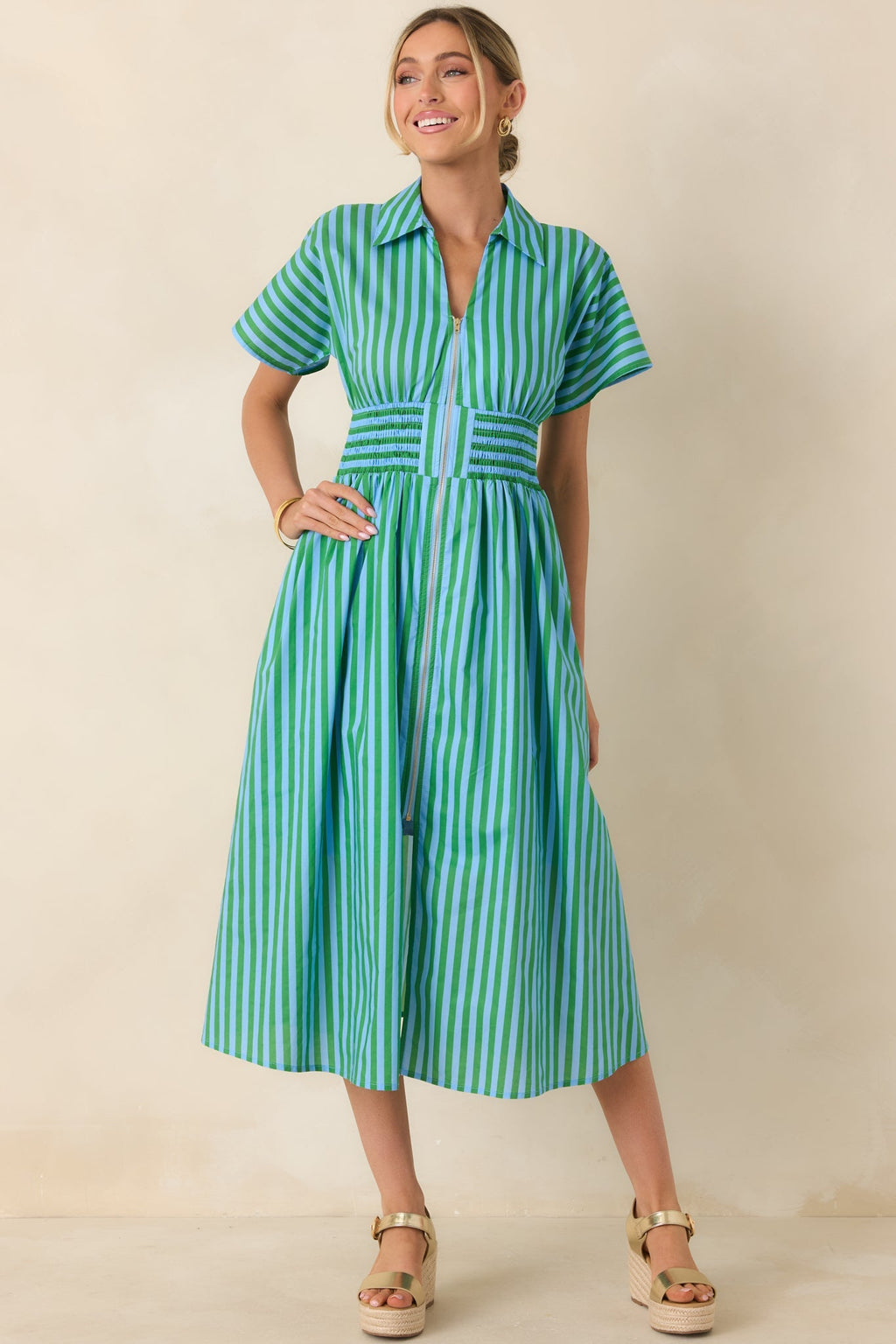 Women's Put It in Motion Light Blue & Green Stripe Cotton Midi Dress | 100% Cotton 4