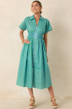 Women's Put It in Motion Light Blue & Green Stripe Cotton Midi Dress | 100% Cotton 4