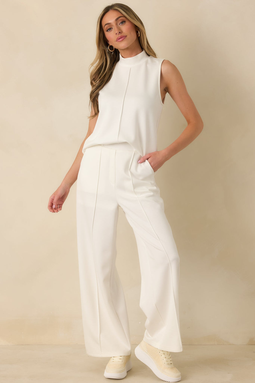 Women's Ready to Jet Cloud White Knit High-Waisted Wide-Leg Pants | 55% Rayon 2