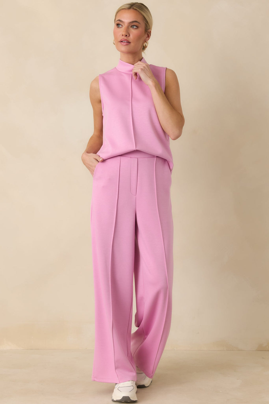 Women's Ready to Jet Petal Pink Knit High-Waisted Wide-Leg Pants | 55% Rayon 1