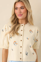 Women's Reason to Stay Ivory Multi Floral Knit Button Front Top | 50% Viscose 2