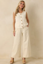 Women's Refined Rhythm Beige Cotton Tie-Belt Wide Leg Pants | 97% Cotton & 3% Spandex 2